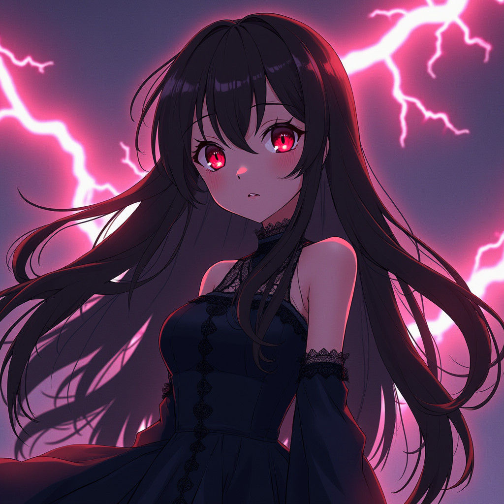 Dark-Haired Anime Girl in Electrifying Lightning Storm