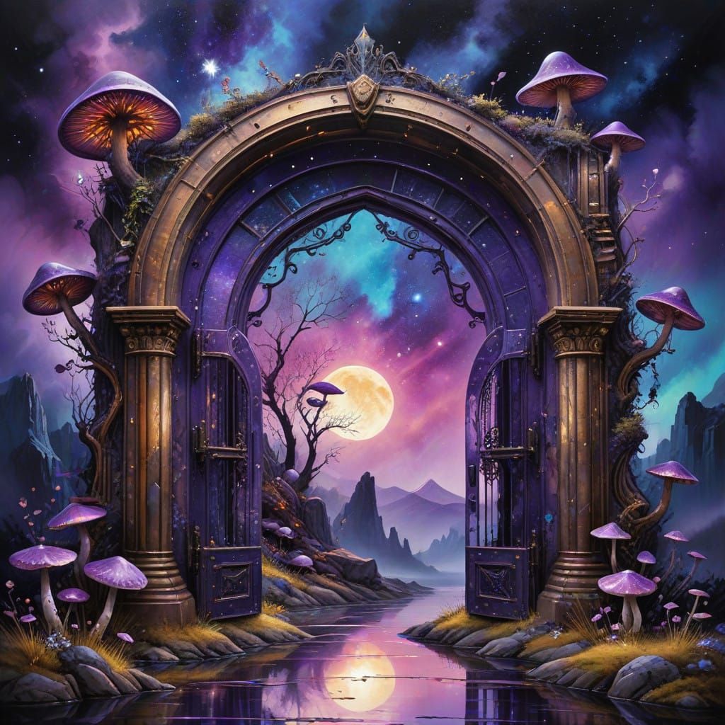 Dreamlike Steampunk Gateway in Iridescent Moonscape