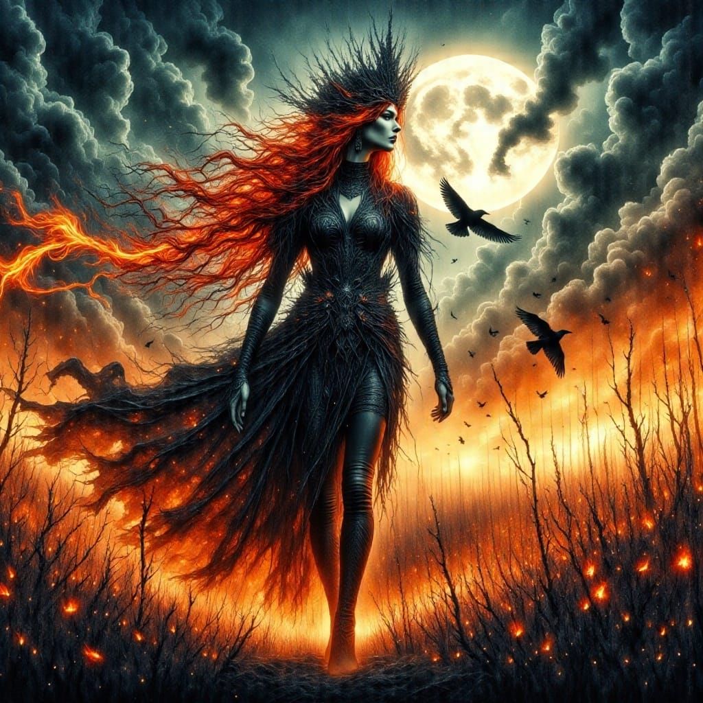 Fiery Witch Queen on Moonlit Battlefield