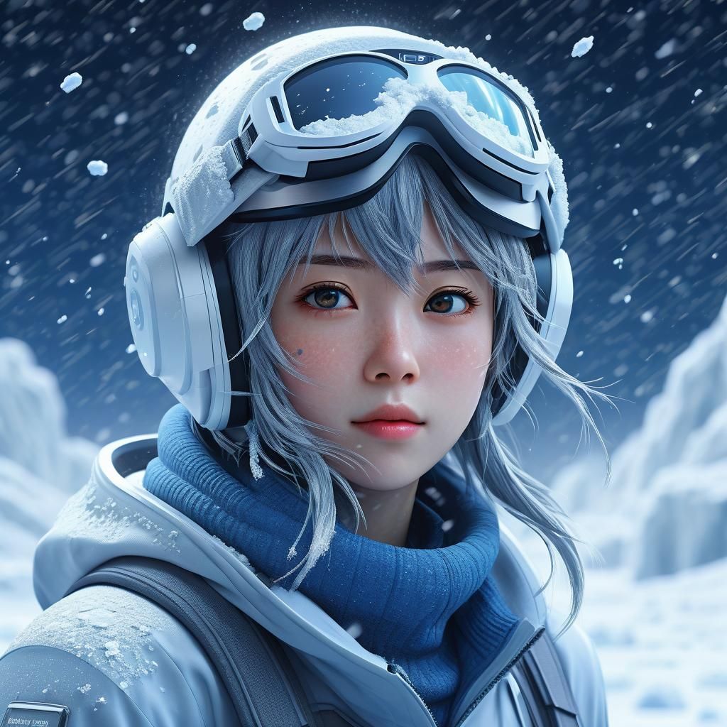 Sci-Fi Anime Girl in Ice Planet Snowstorm