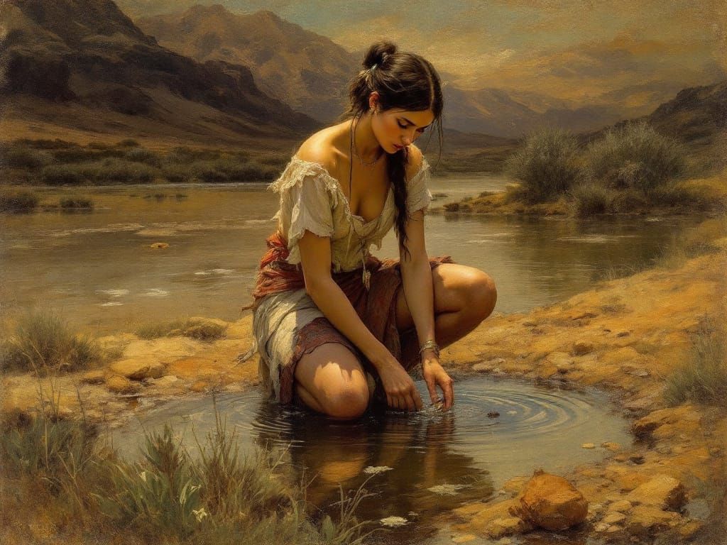 Native American Woman At River In Plains Village