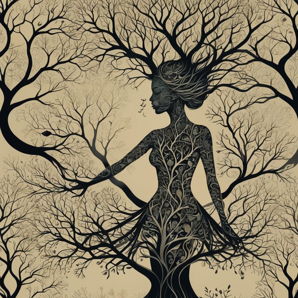 Surreal Tree of Feminine Silhouettes: Digital Illustration