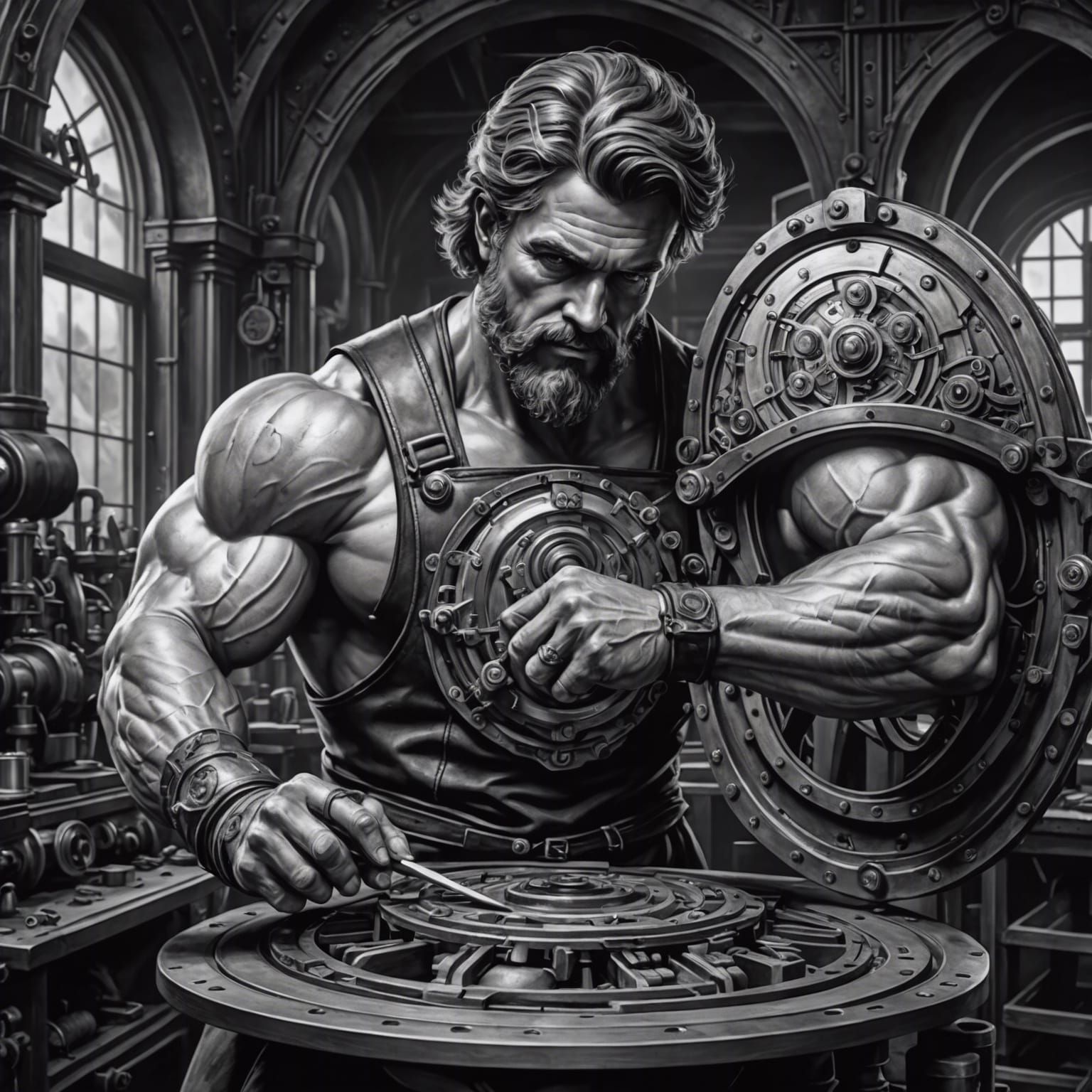 Hephaestus at the Forge: Steampunk Charcoal Drawing