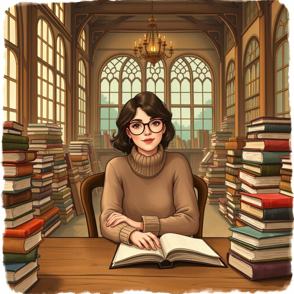 Cozy Woman Reading in Library Illustration