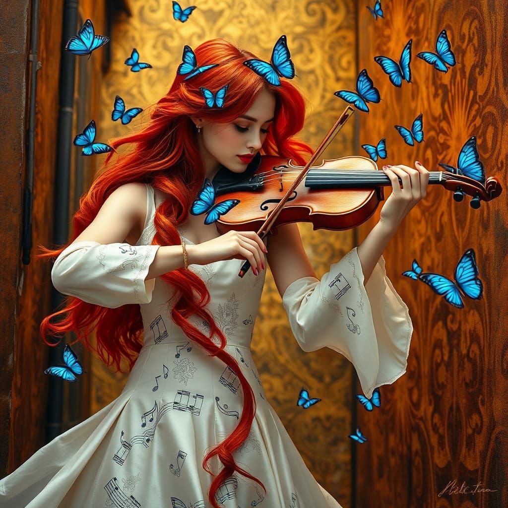 Red-Haired Violinist with Butterflies in Klimt Style