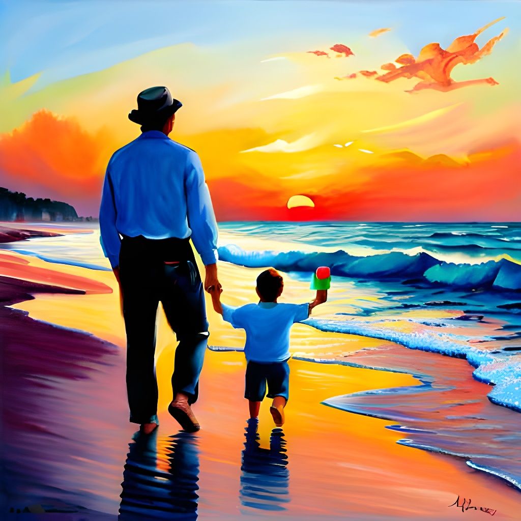 Father and Son at Sunset: An Impasto Painting