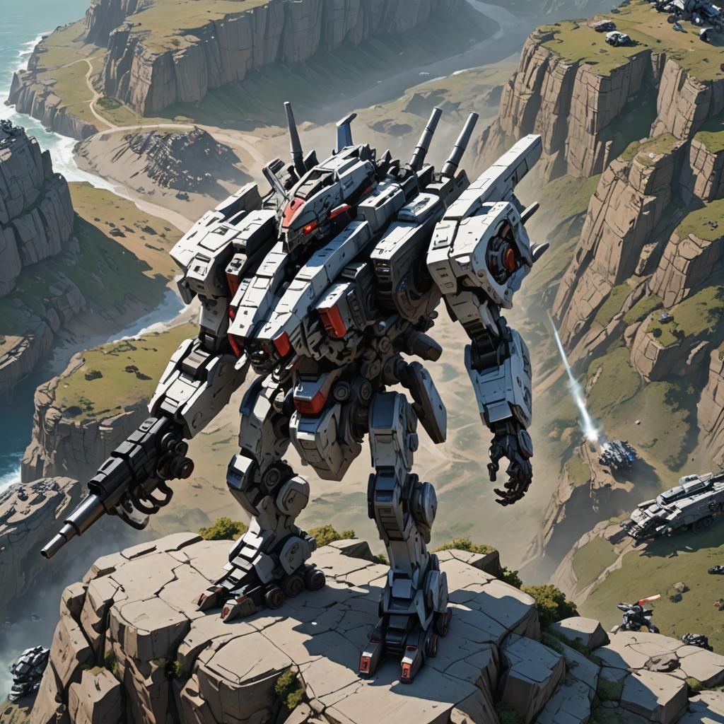 Zoid-Inspired Mech Beast Overlooking Landscape