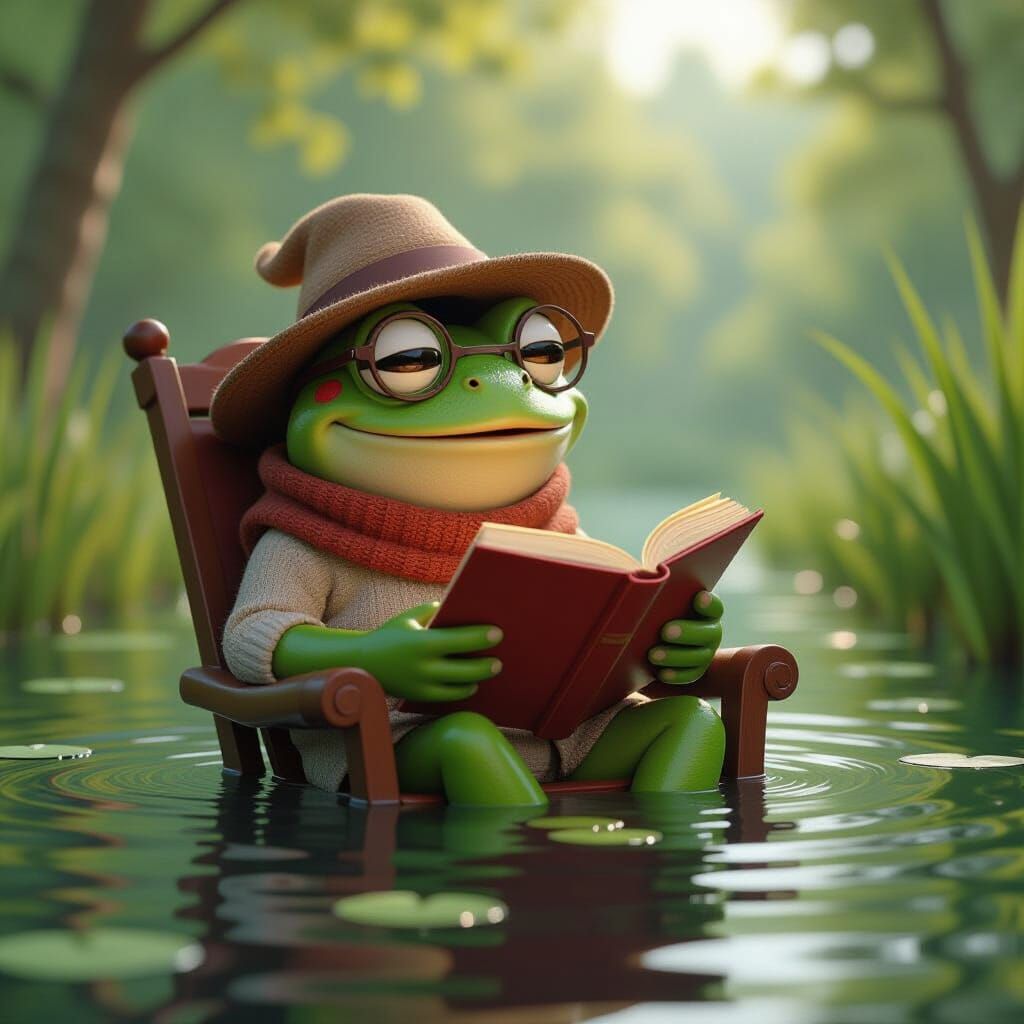 Delighted Frog Reads a Novel in Cozy Pond