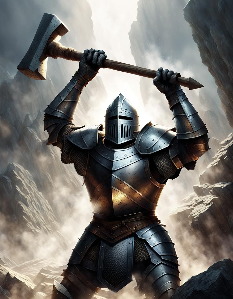 Knight vs Stone Giant in Dark Fantasy Landscape