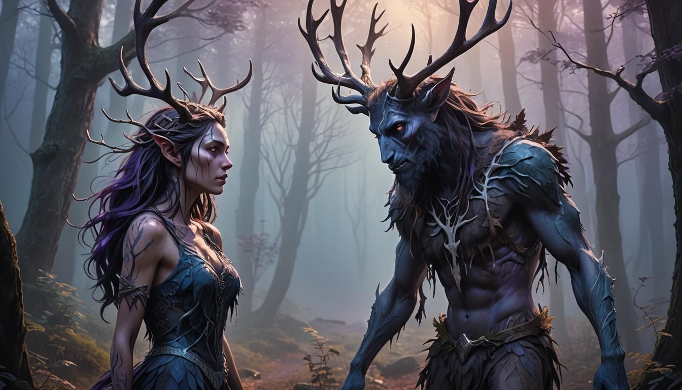 Mystical Wendigo Embracing Man in Forest, Art Nouveau