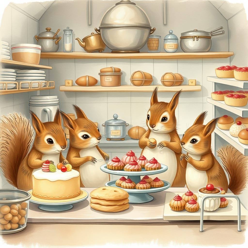 Squirrel Family Baking: Whimsical Watercolor Illustration