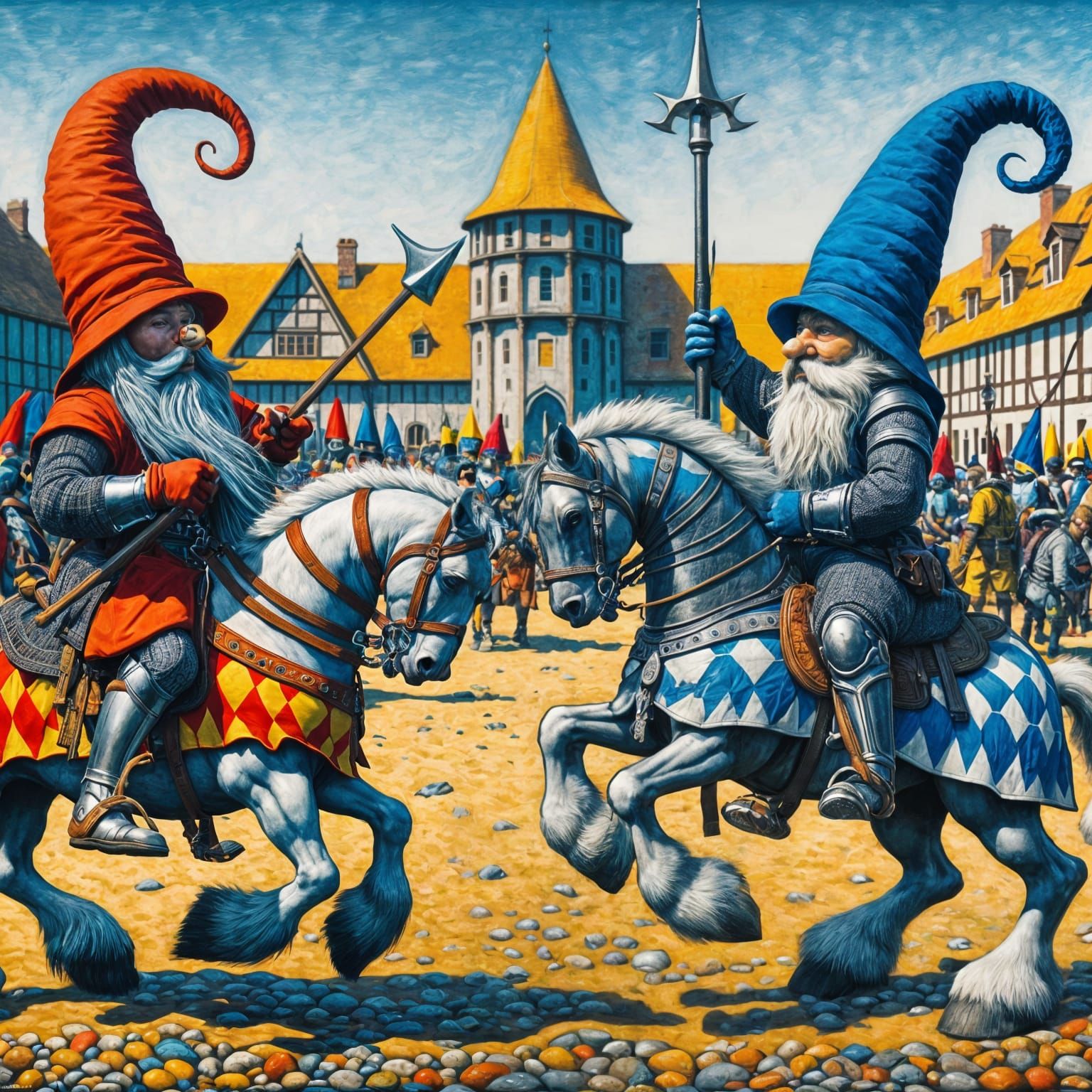 Gnomes Jousting in Fauvist Medieval Village