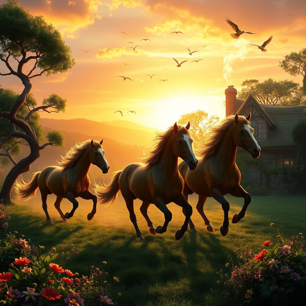 Majestic Horses in Vibrant Fantasy Sunset