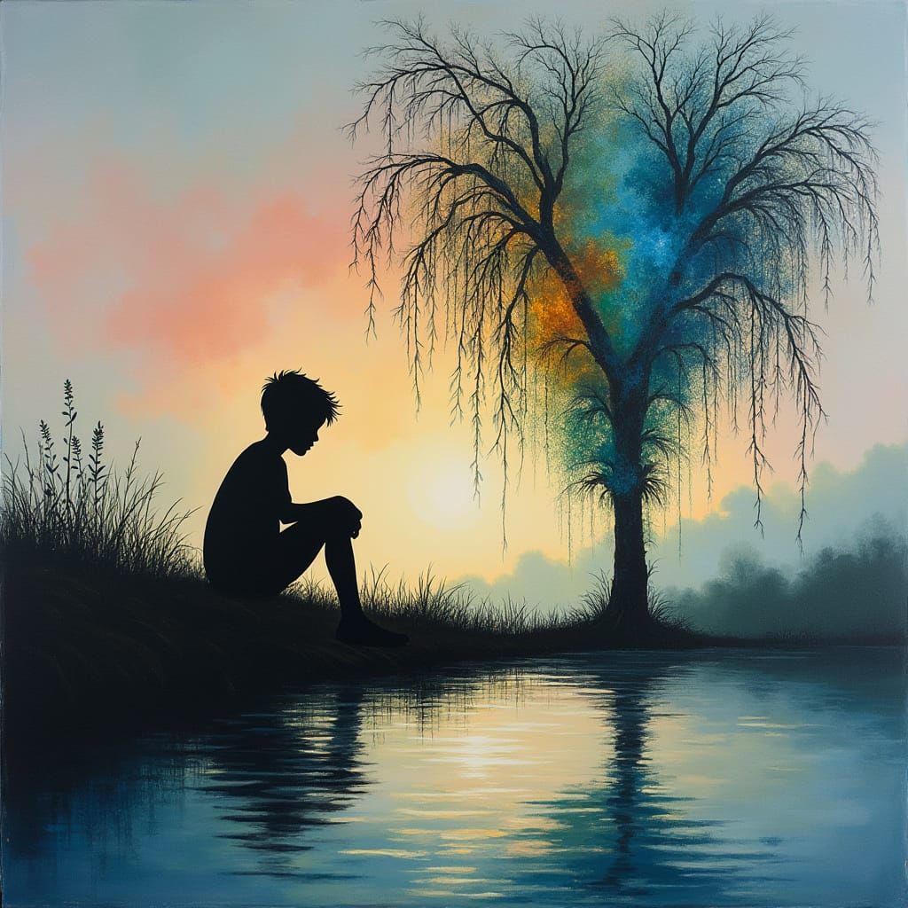 Silhouette Boy by Mirror River at Dusk