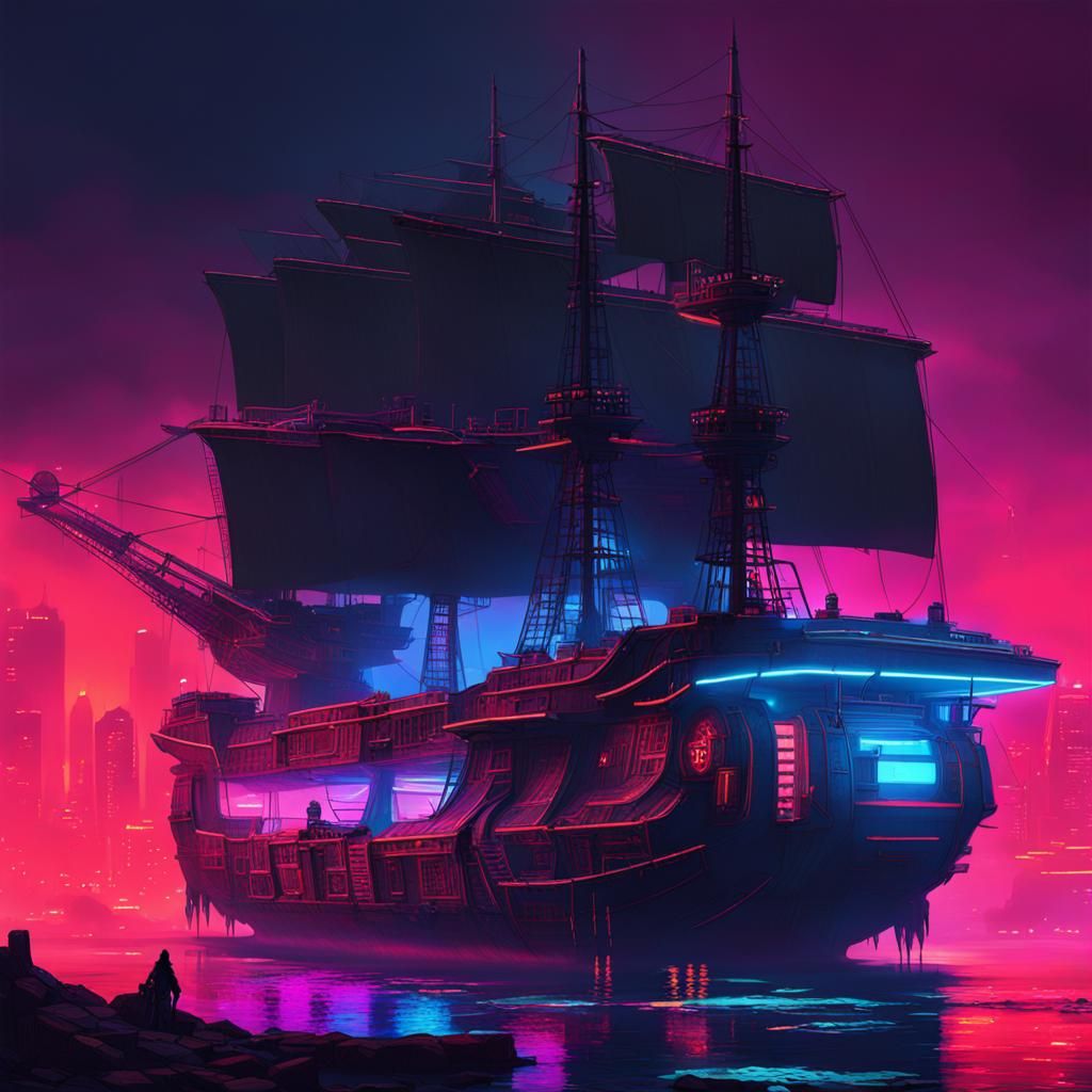 Cyberpunk Pirate Ship in Neon Future