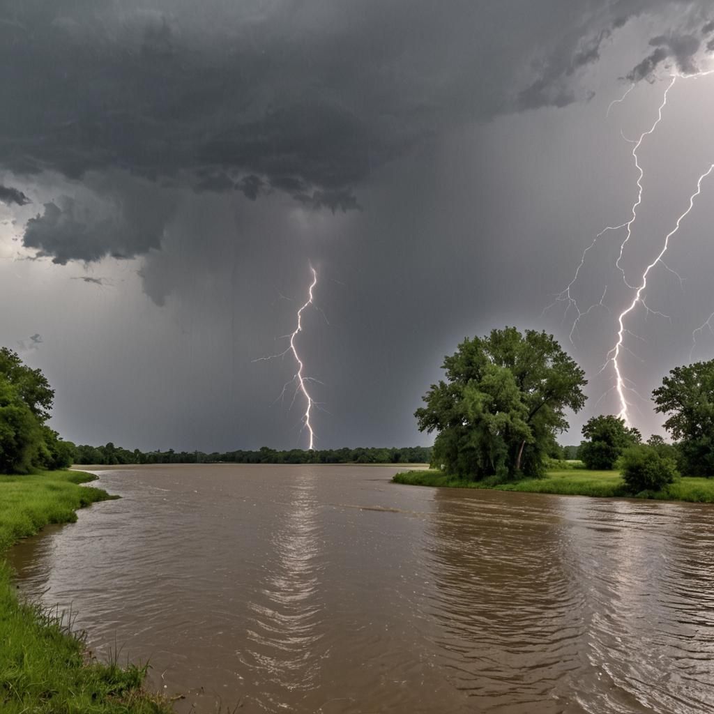 Dramatic Thunderstorm Over River Bank