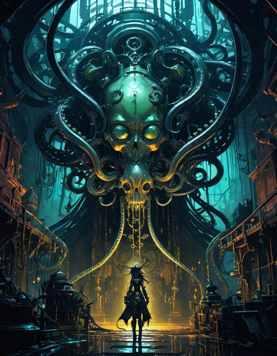 Mechanical Girl in Gothic Dungeon: Ink Drawing