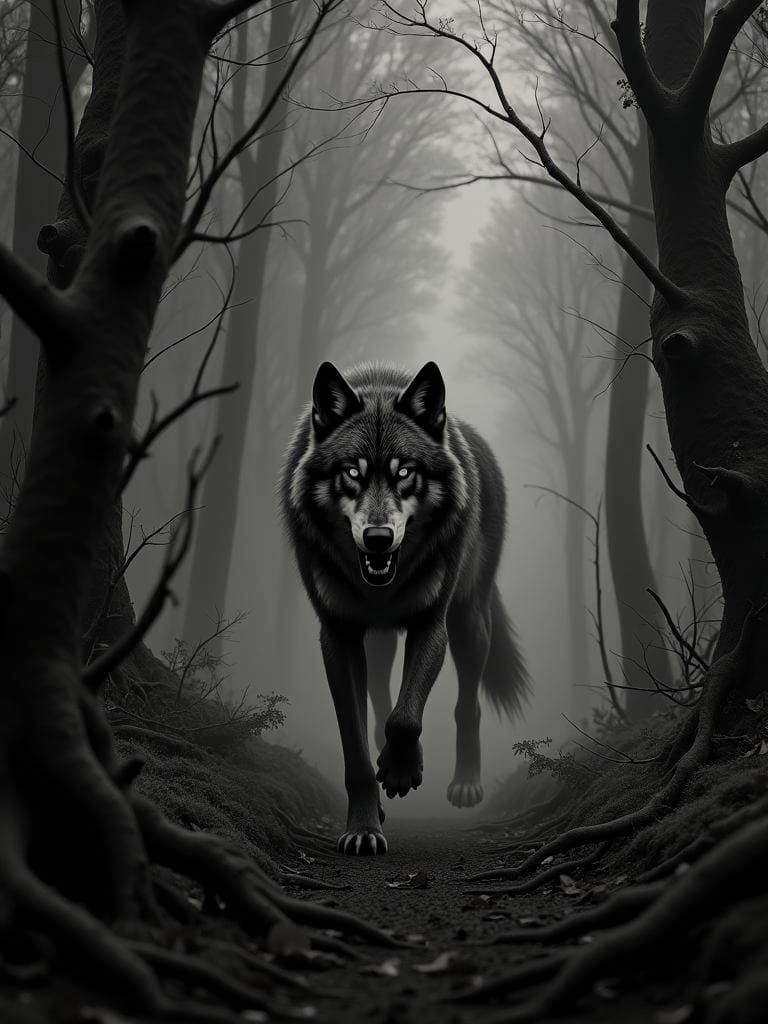 Lone Wolf with Glowing Eyes in Dark Forest