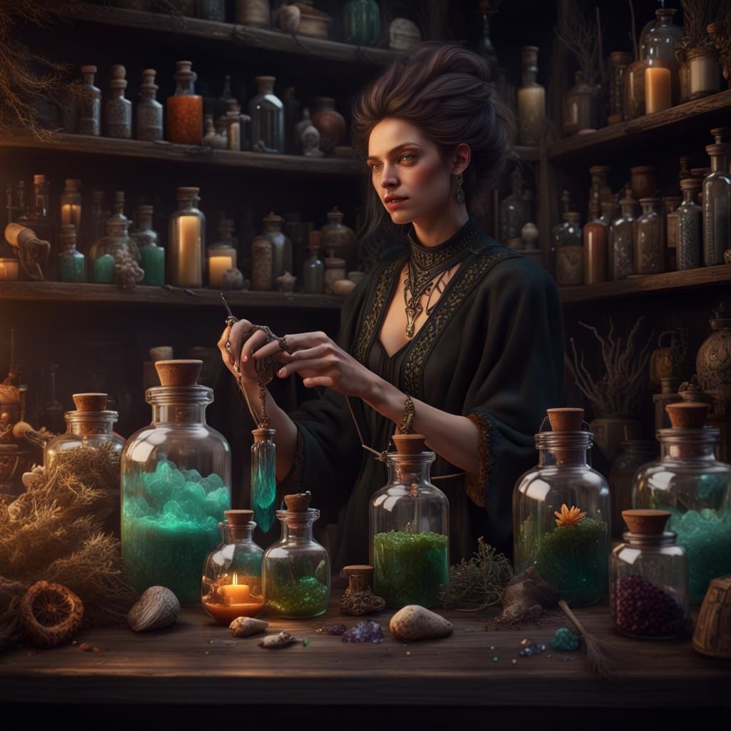 Modern Witch Apothecary Potion Creation in Digital Painting