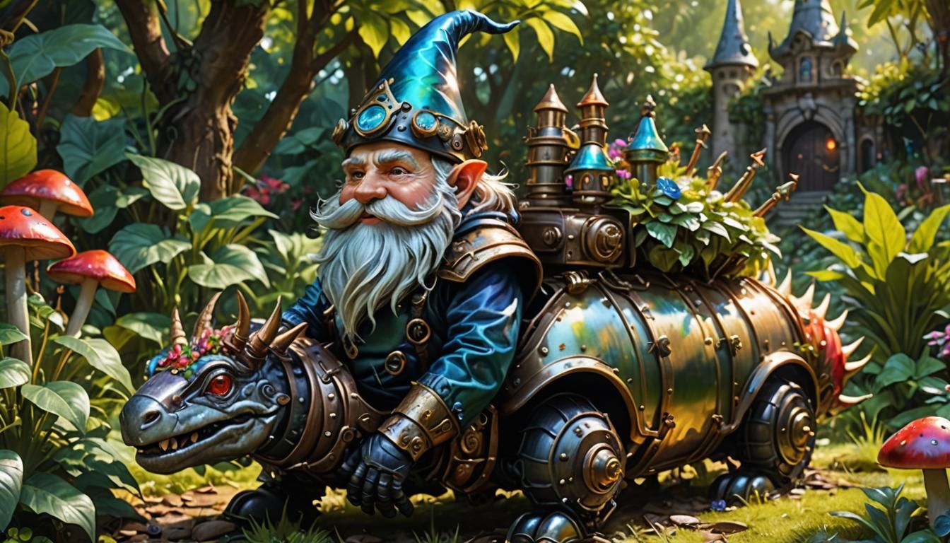 Gnome Knight on Armored Centipede in Steampunk Garden