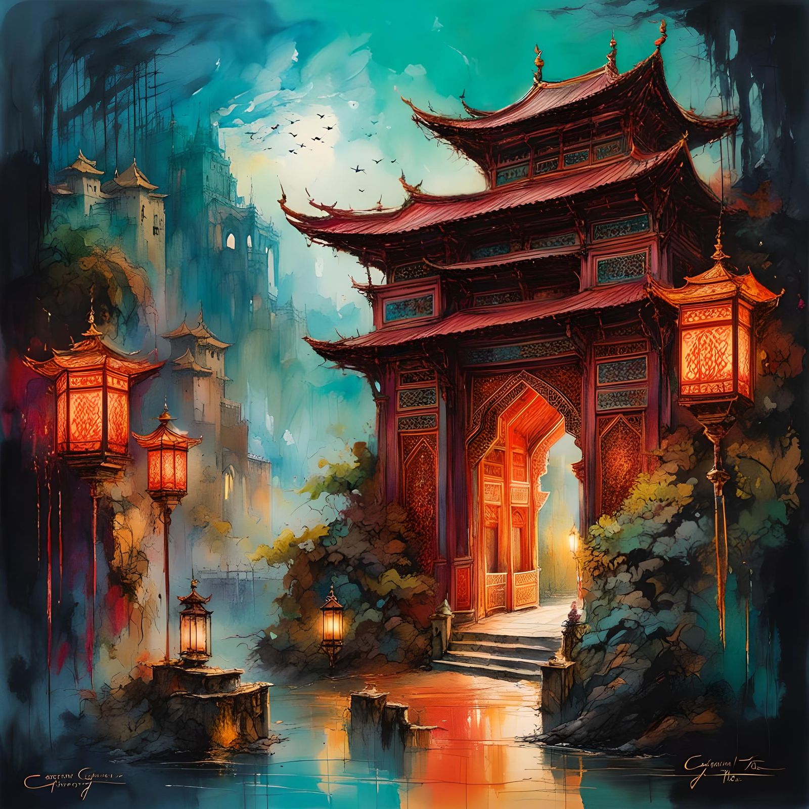 Magnificent Oriental Gateway in Watercolor and Ink