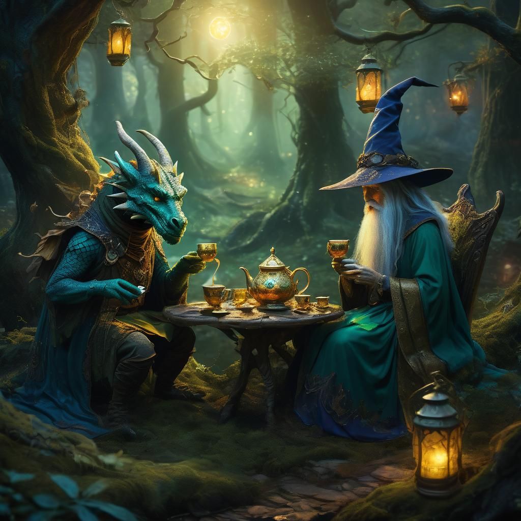 Mystical Tea Party in Ancient Forest: Oil Painting