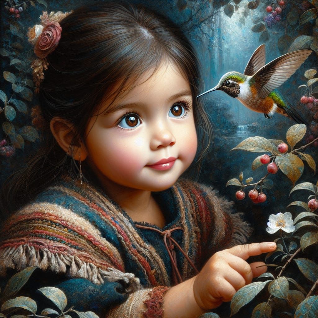 Girl Watching Hummingbird: Impasto Acrylic Painting