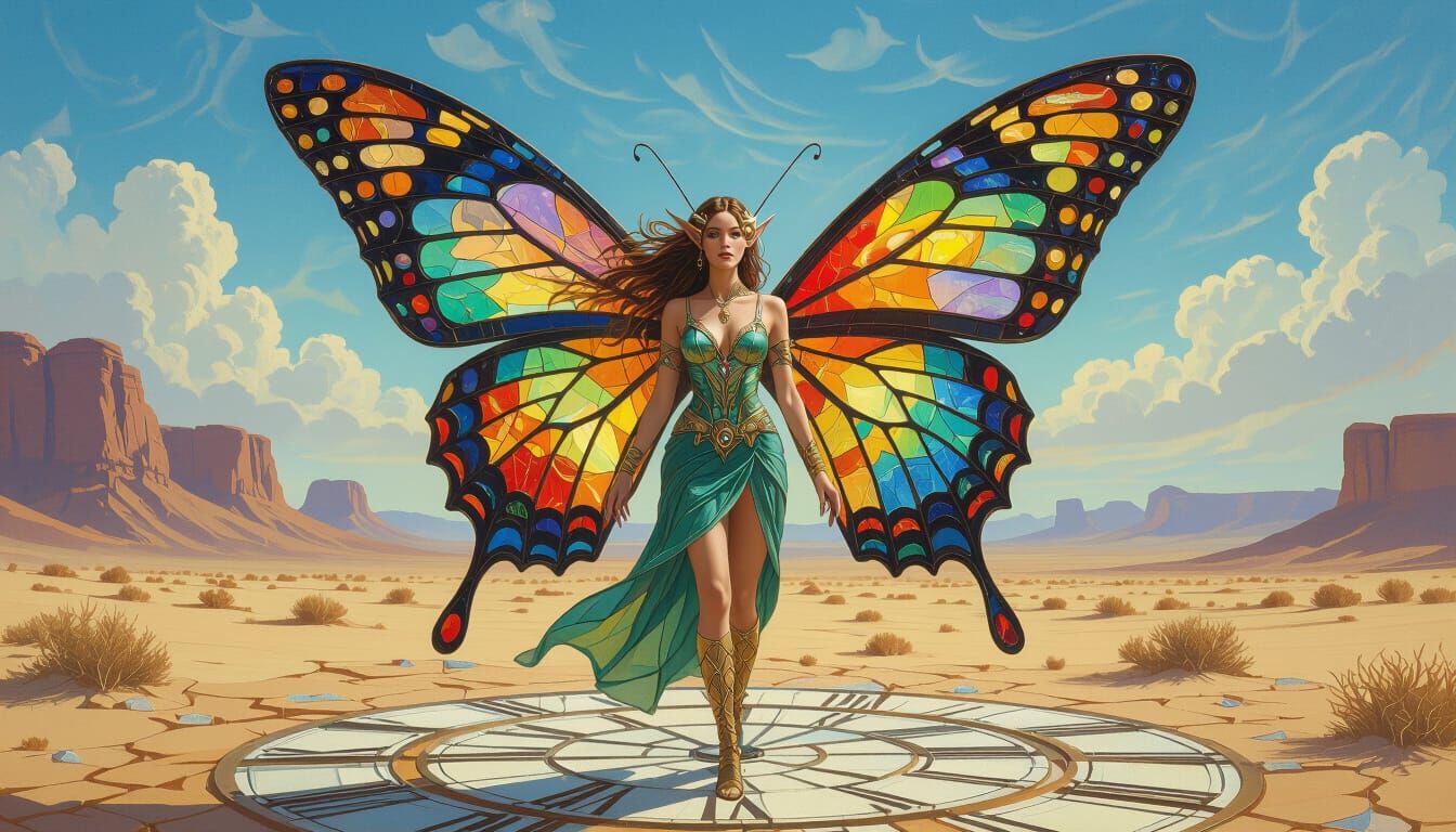 Elf Woman with Stained Glass Wings Above Desert Landscape