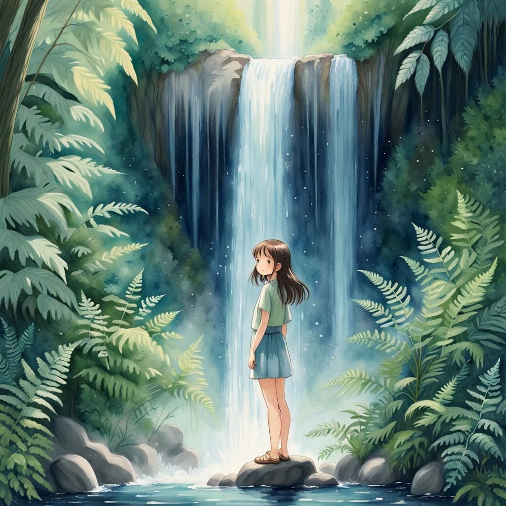 Whimsical Waterfall Scene in Studio Ghibli Style