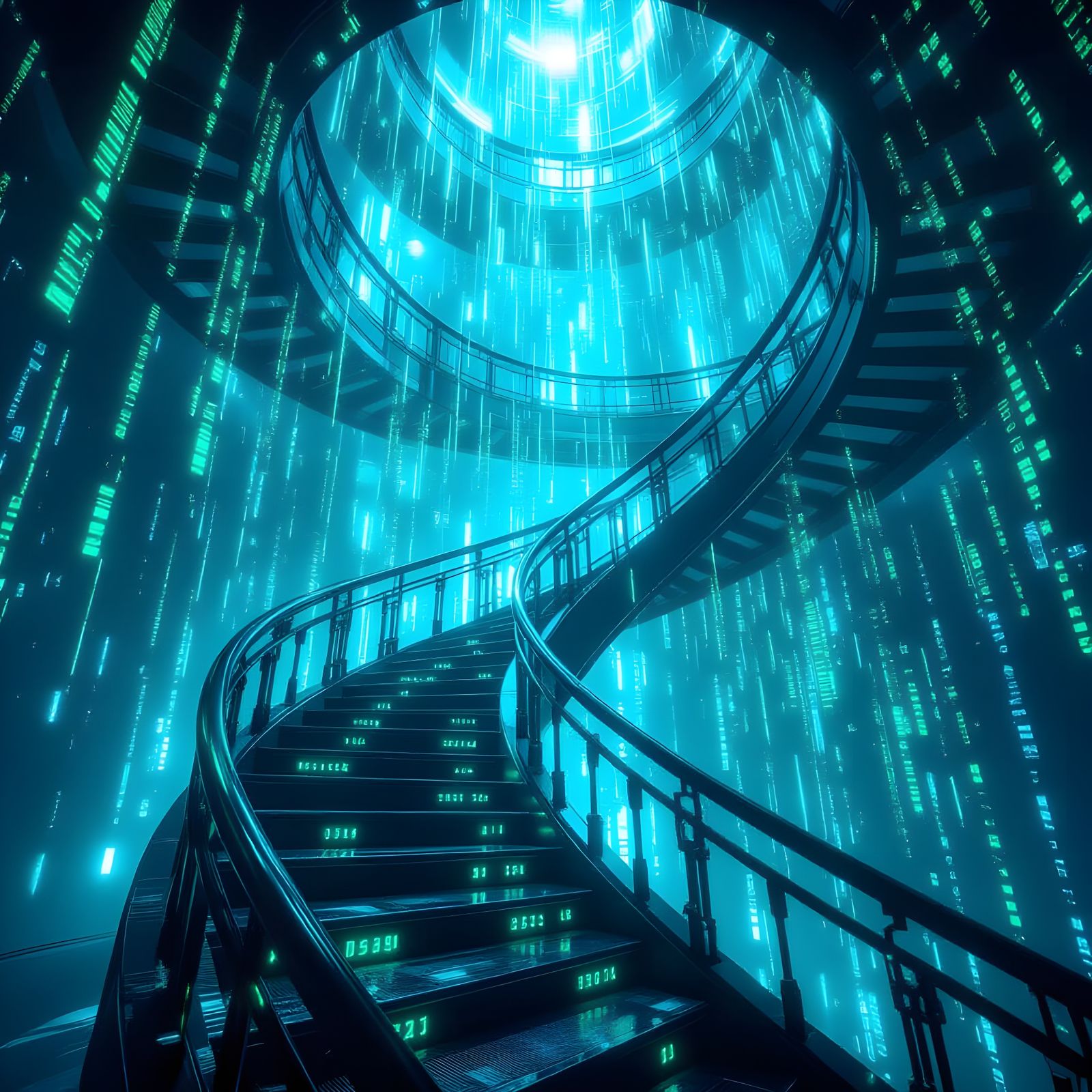 Cyberpunk Staircase Ascends into Infinite Digital Void
