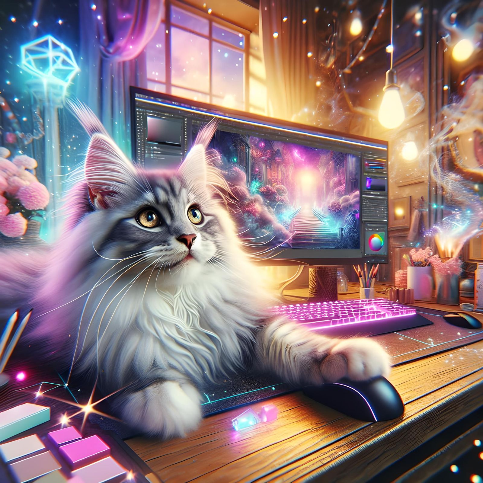 Cyberpunk Kitten in Fantasy Room: Detailed Photograph