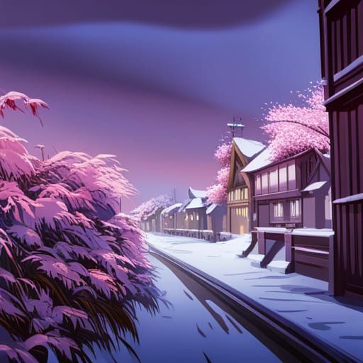 Snowy Village with Cherry Blossoms: Anime Key Visual
