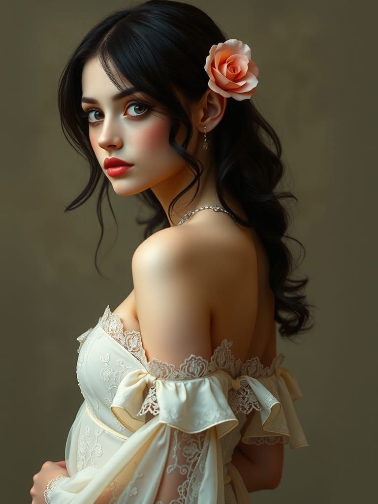 Ethereal Rose Maiden in Pre-Raphaelite Style