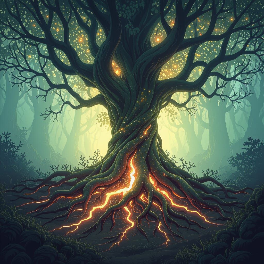 Mysterious Glowing Roots in Whimsical Digital Art
