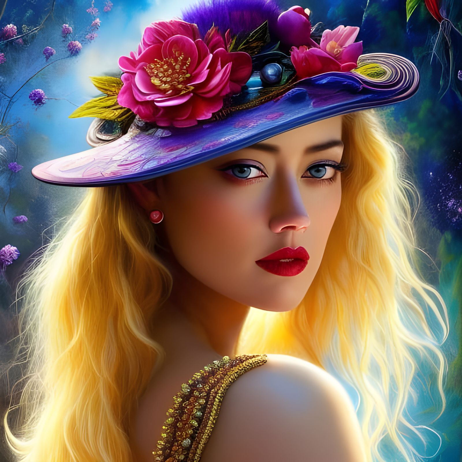 Goddess in Floral Hat: Hyperrealistic Digital Portrait