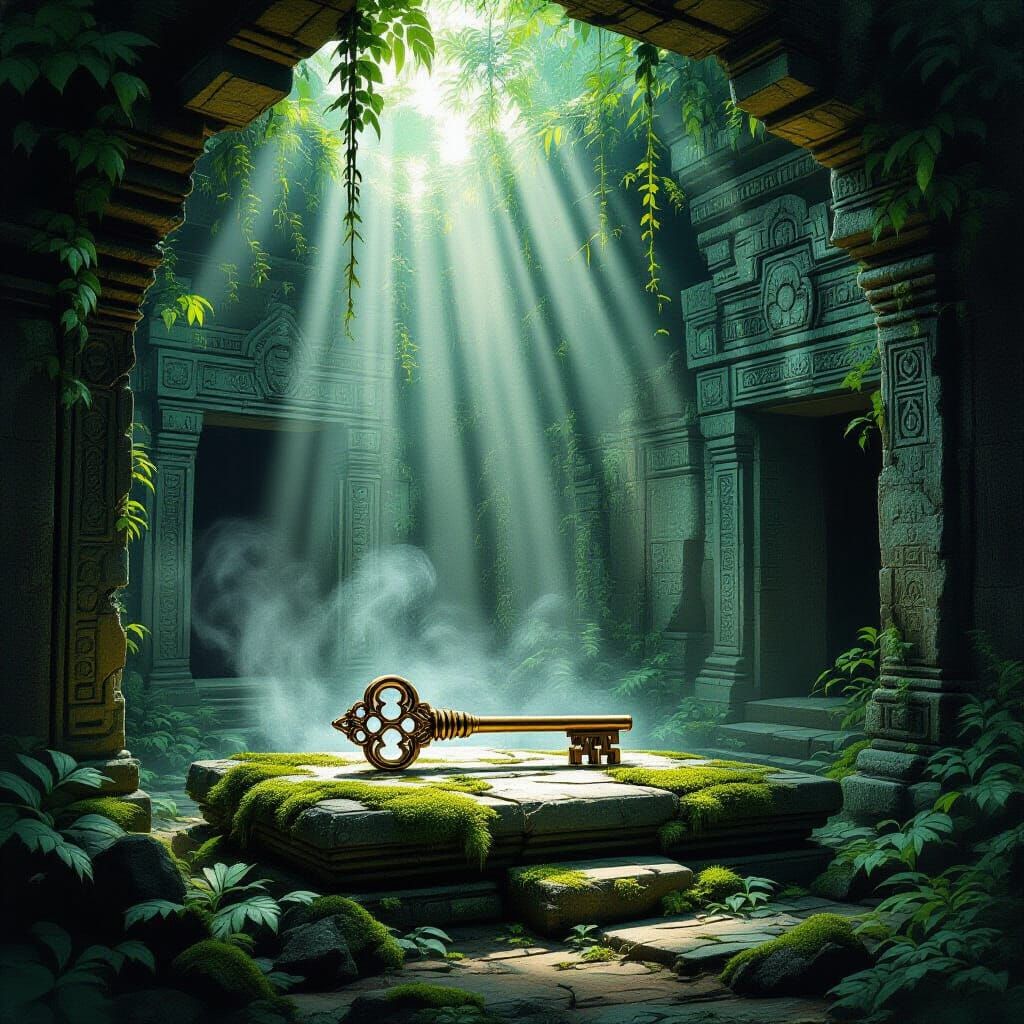 Ancient Key on Altar in Overgrown Temple, Charcoal Drawing S...