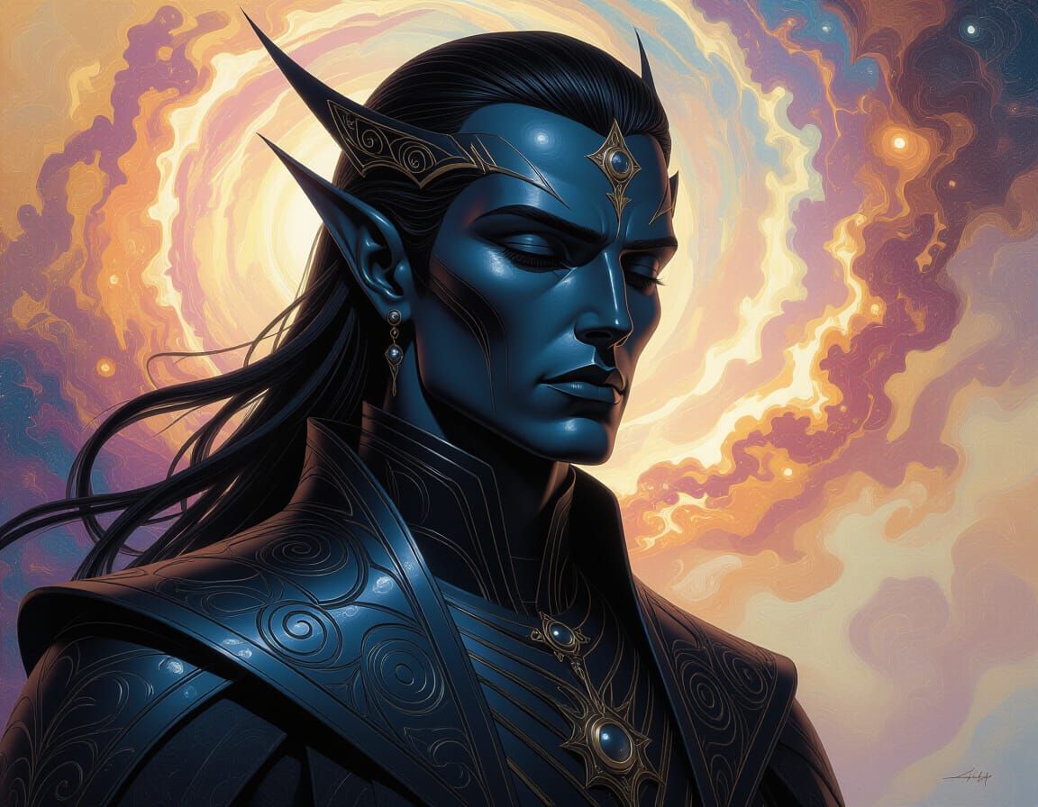 Regal Energy Being with Obsidian Skin in Cosmic Galaxy