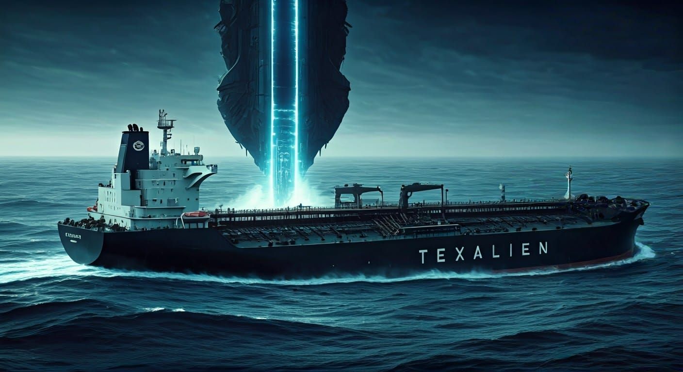 Futuristic Oil Tanker with Alien Spaceship, Syd Mead Style