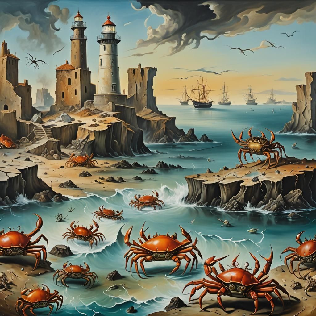 Surreal Crab Habitat With Lighthouse Ruins, Dali Style