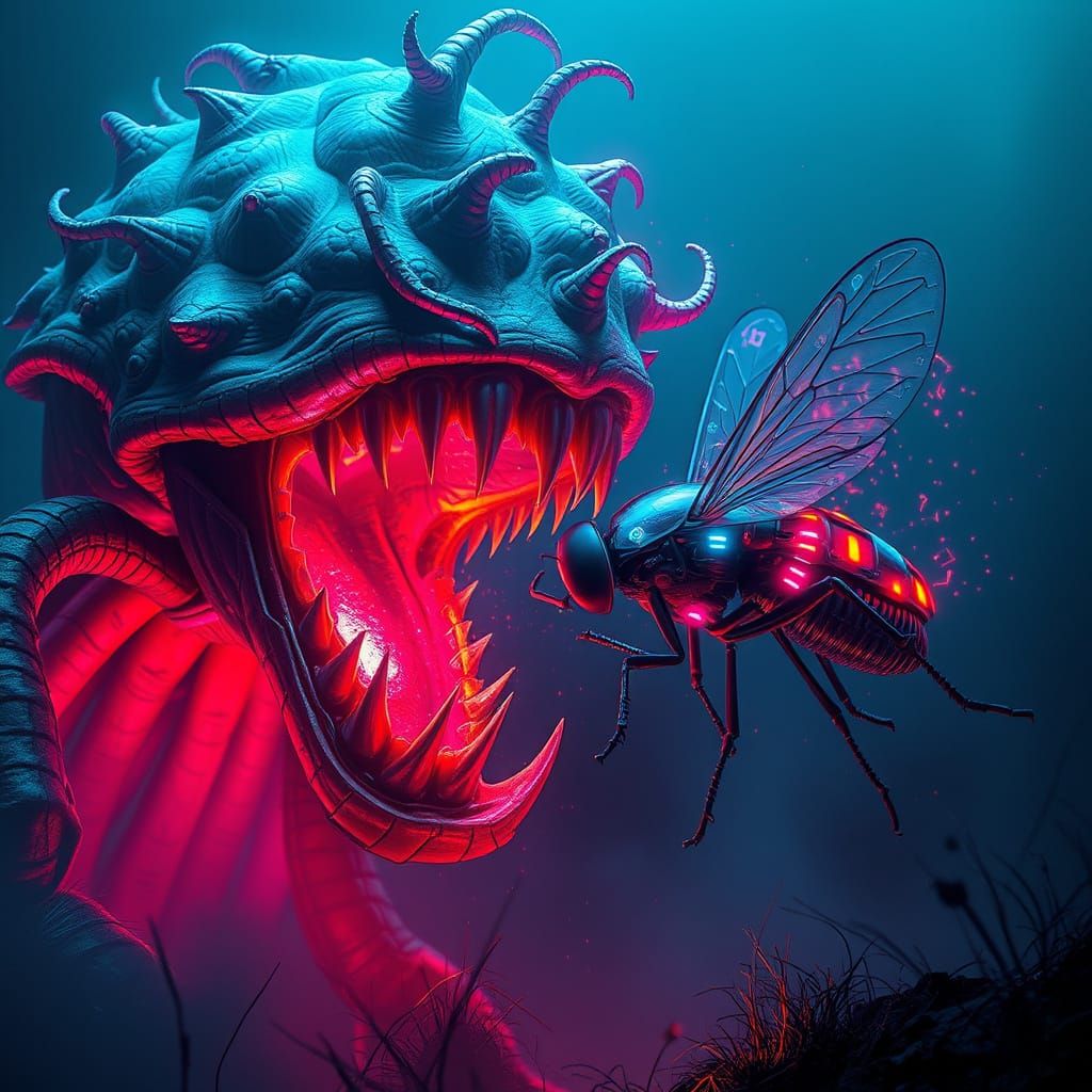 Surreal Bioluminescent Plant Battles Cyberfly in Dreamlike S...