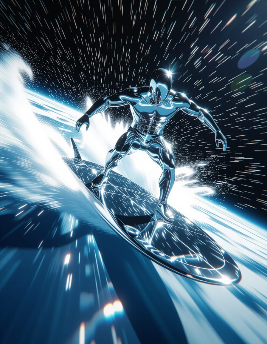 Silver Surfer Rides the Cosmic Waves in Photorealistic Style