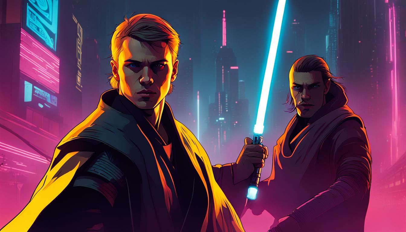 Anakin Skywalker and Jedi Master in Cyberpunk City