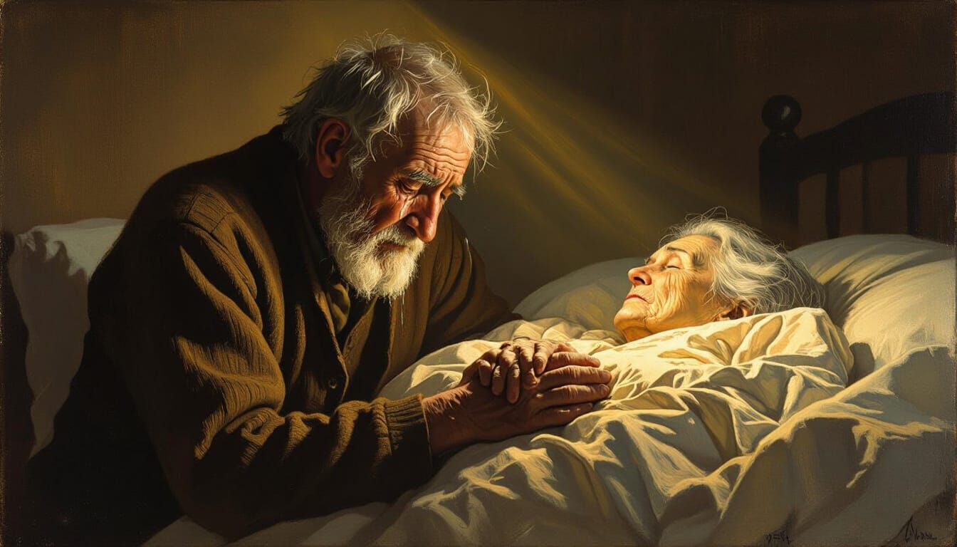 Old Man Weeping by Wife's Bedside in Somber Realism