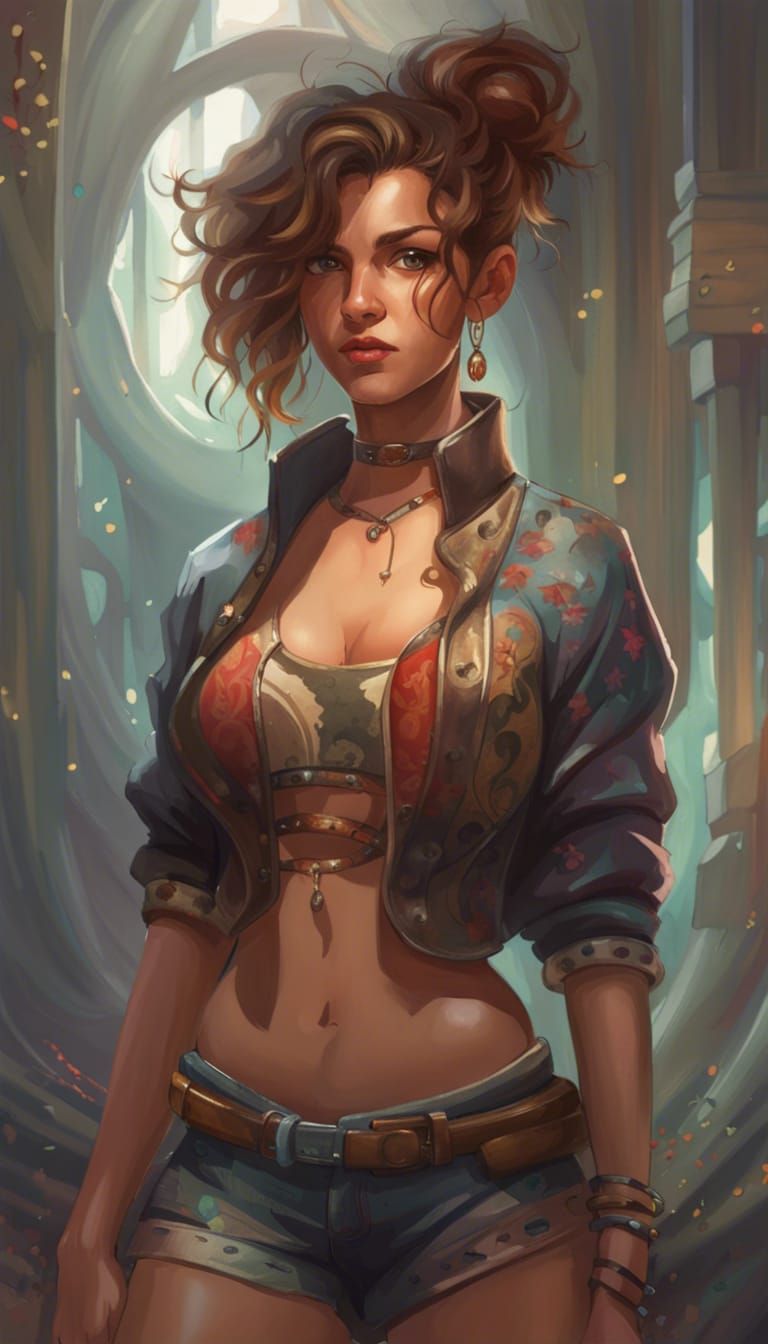 Detailed Portrait of Woman in Shorts, Art Nouveau Style