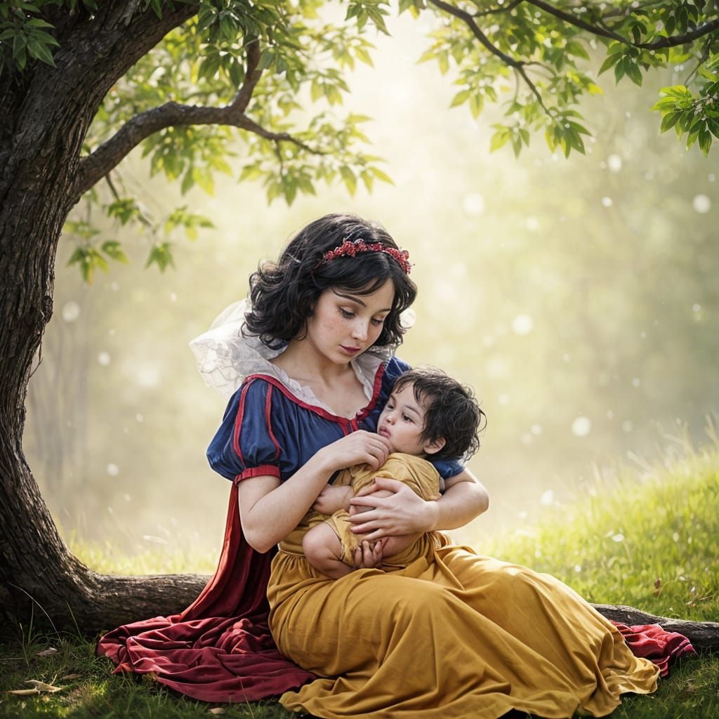 Snow White sitting under a tree holding a baby boy, black hair and skin as white as snow.