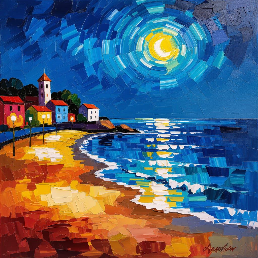 Night Beach Scene in Neo-Impressionist Oil and Acrylic