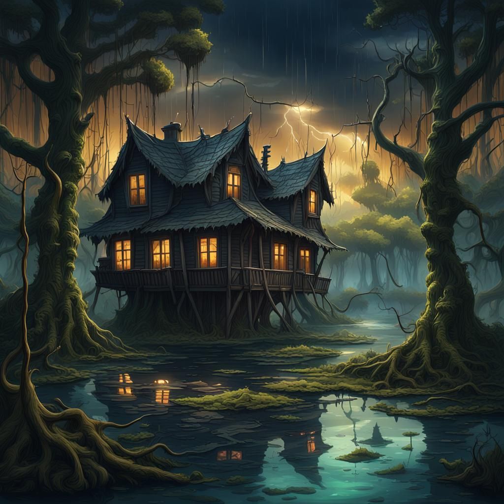 Swamp Estate at Night with Lightning, Matte Painting