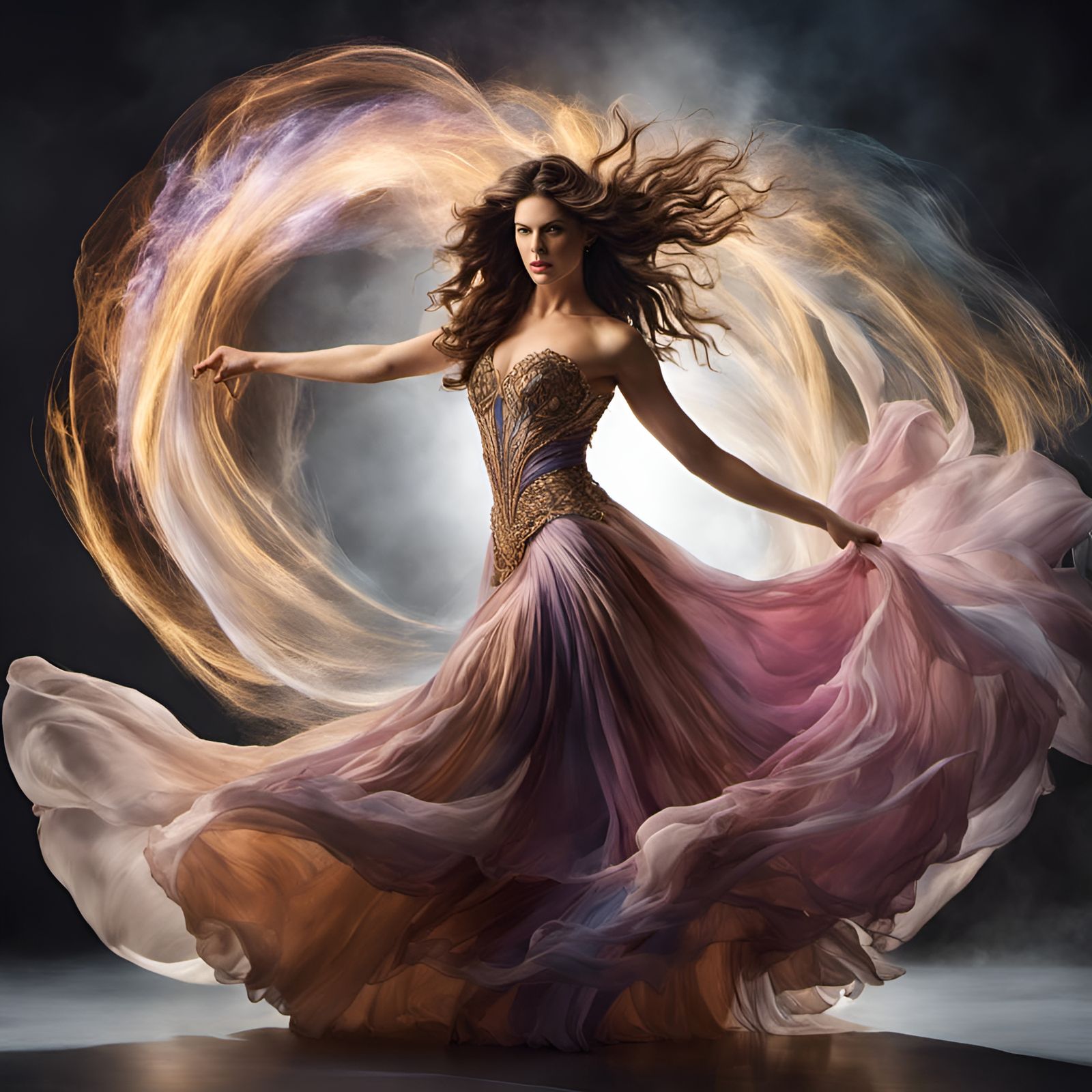 Dynamic Portrait of Dancing Woman in Fantasycore Gown