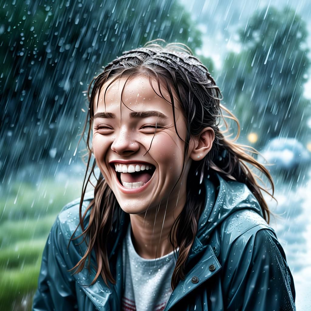 Teen Girl Laughing in Rain: Hyperrealistic Photo