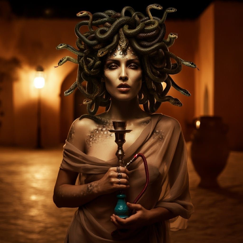 Gorgon Goddess Medusa Sits in Moroccan Courtyard